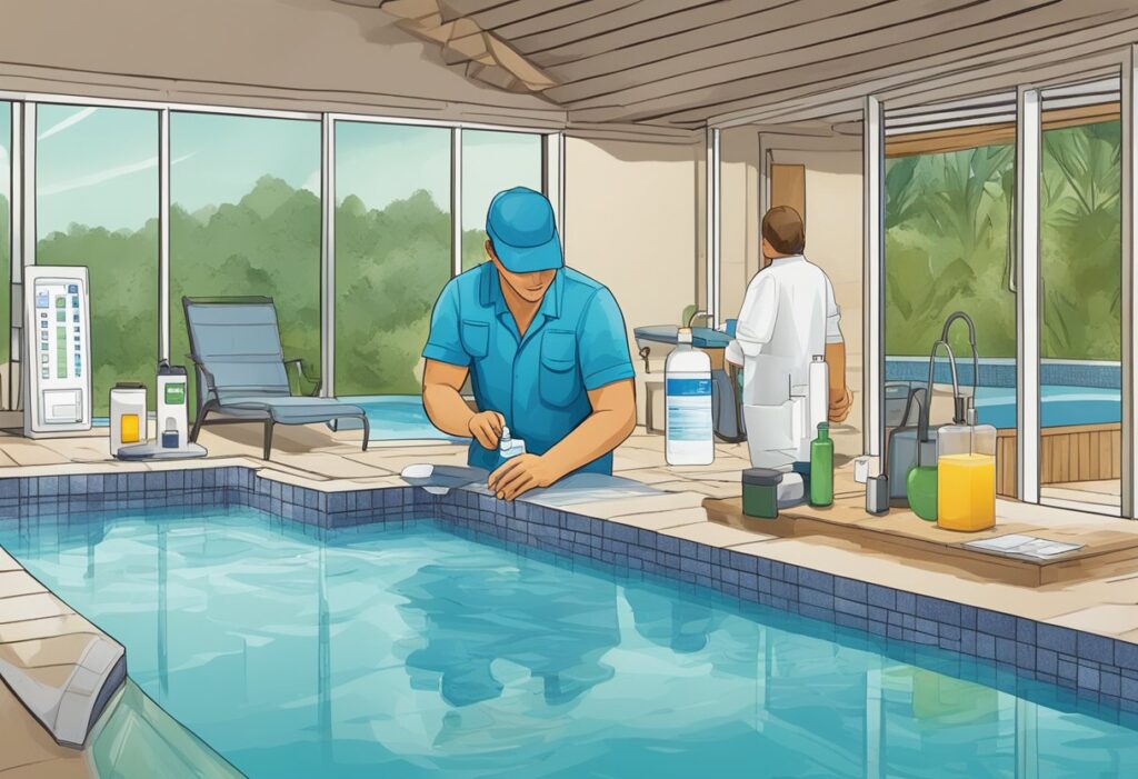 A technician pours acid into the spa pool to lower alkalinity, while a testing kit and pH meter sit nearby