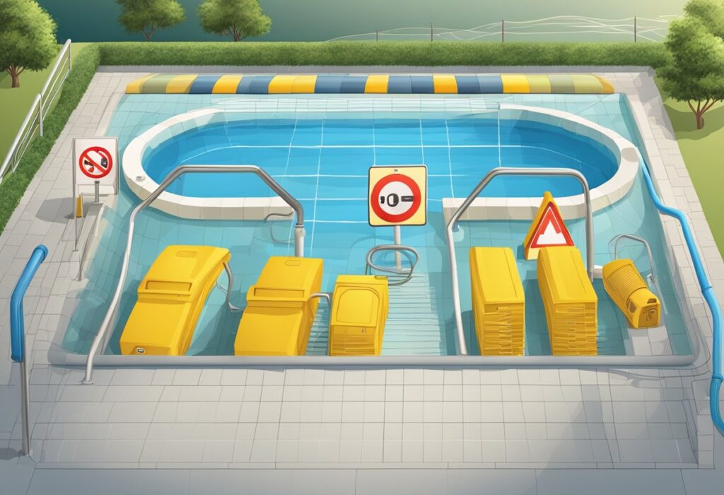 A pool with electrical equipment, water, and warning signs