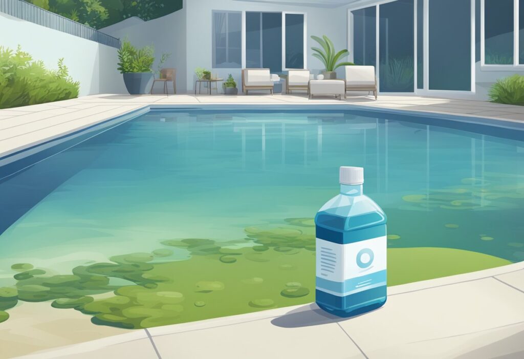 A pool with a clean, blue water surface and a visible layer of dead algae at the bottom. A bottle of algaecide sits on the pool deck