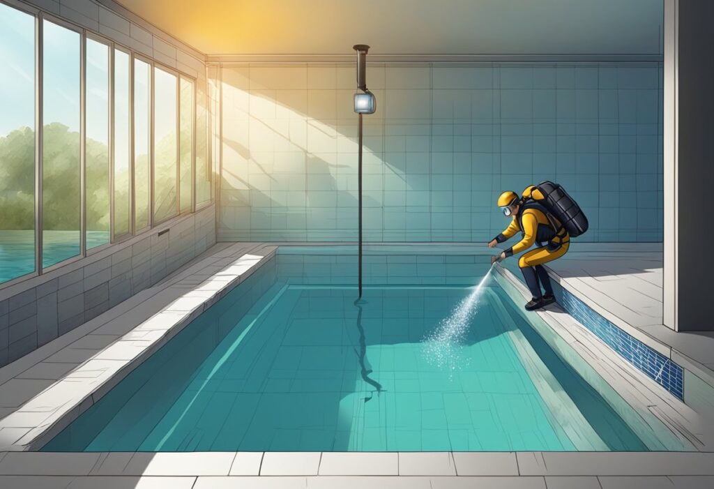A pool with water level dropping, a diver inspecting walls and floor with a flashlight, and a visible crack or hole in the pool structure