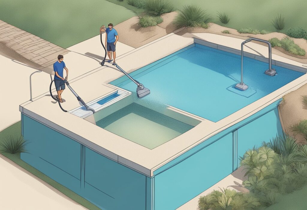 A pool with sand at the bottom, a filter system, and a person using a pool vacuum to remove the sand