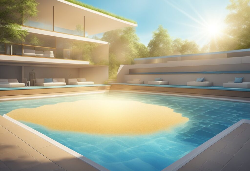Sunlight shines on a pool with sand at the bottom. A filter system is running, attempting to remove the sand from the water